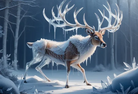 score_9, score_8, score_7, 1ce, ice, animal, stag, deer, antlers, silver wire, blue theme,