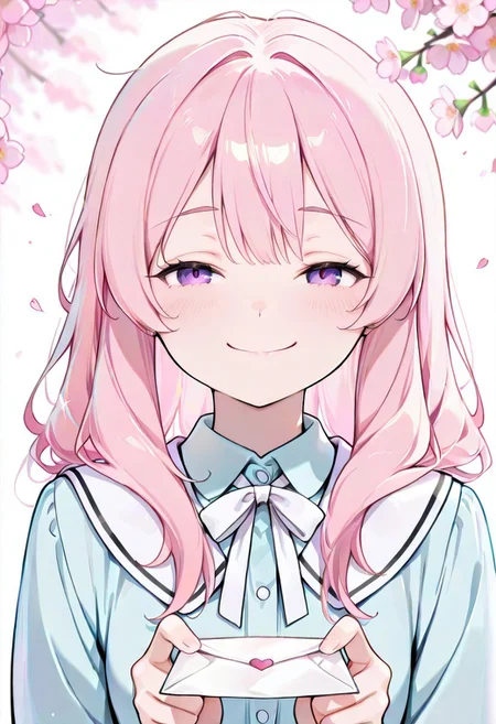 CivChan, purple eyes, pink hair, 1girl, holding letter, blush, slight smile, looking at viewer, [romantic atmosphere], school uniform, white ribbon, long hair, windy hair, cherry blossoms, soft lighting, pastel colors, detailed eyes, warm glow, [love confession|hidden message], paper crane, ink splatter, faint heart sparkles, [highres], [depth of field]