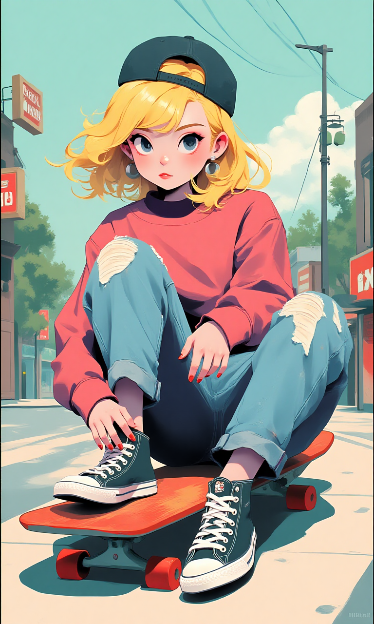 a retro image of a blonde headed girl. she is sitting on a skateboard on the side walk, wearing high top shoes and worn jeans. she is also wearing a flatbill hat backwards. type of art is street art