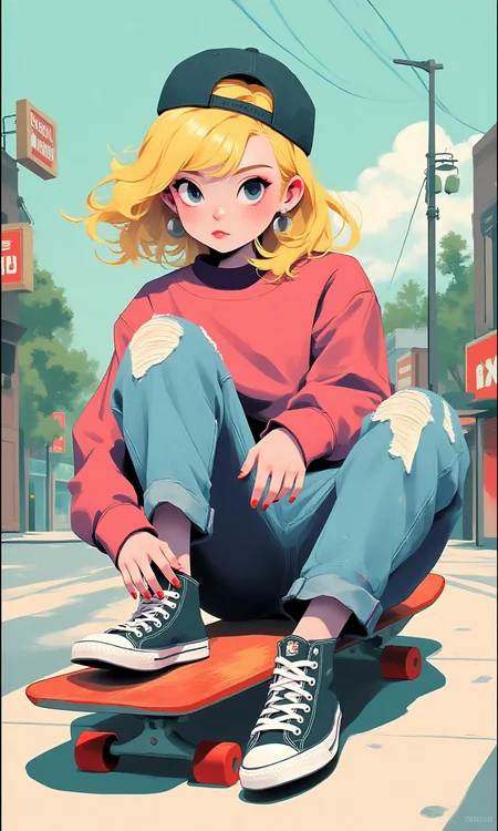 a retro image of a blonde headed girl. she is sitting on a skateboard on the side walk, wearing high top shoes and worn jeans. she is also wearing a flatbill hat backwards. type of art is street art