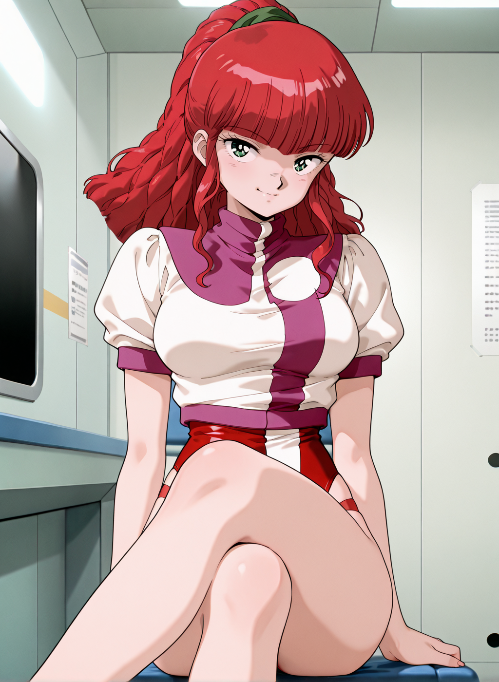 High quality,Ultra detailed,best quality,insanely detailed,beautiful,masterpiece,absurdres,very aesthetic,sensitive BREAK
<lora:jung_freud_V1_NOOB:1>,(jung freud, top wo nerae, red hair, long hair, green eyes, ponytail, medium breasts, 1980s \(style\), retro artstyle),(red leotard,uniform,turtleneck,short sleeves,puffy sleeves),1girl,solo,posing,indoors,science fiction,sitting,crossed legs,seductive smile,