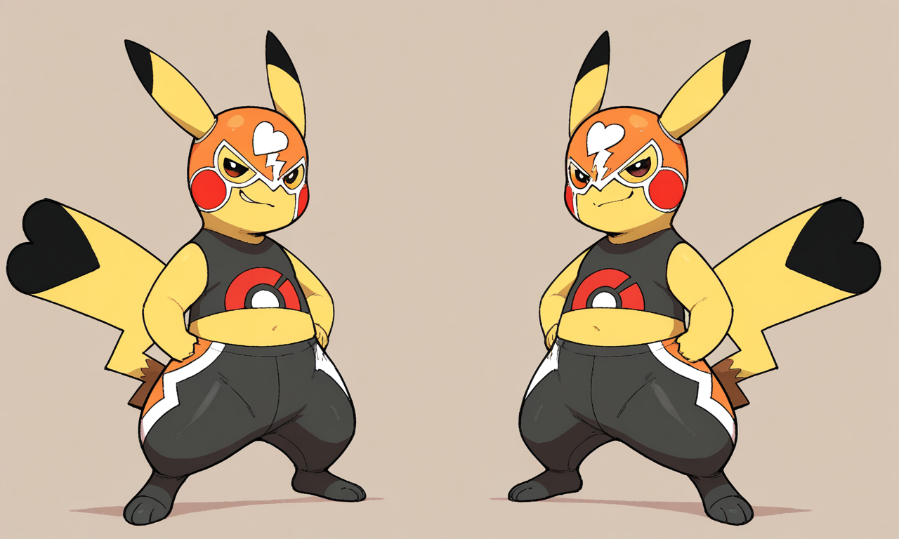 1ns0m14cOvrld, 
pokemon (creature), ((feral)), pikachu_libre, (((sfw))), solo, 
posing, heroic pose, standing, confident, full body, pikachu anatomy, smirk,