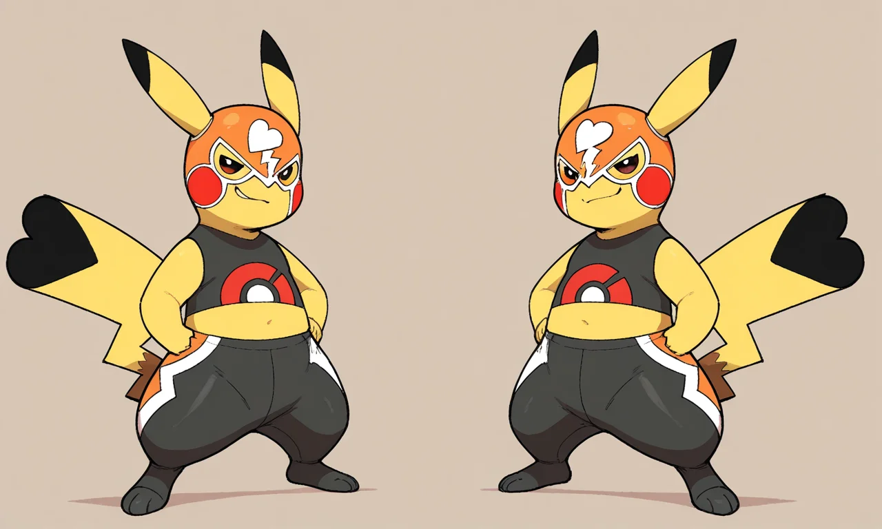 1ns0m14cOvrld,
pokemon (creature), ((feral)), pikachu_libre, (((sfw))), solo,
posing, heroic pose, standing, confident, full body, pikachu anatomy, smirk,
