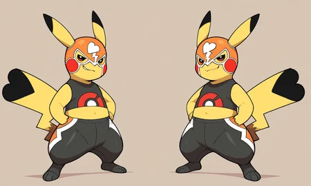 1ns0m14cOvrld,
pokemon (creature), ((feral)), pikachu_libre, (((sfw))), solo,
posing, heroic pose, standing, confident, full body, pikachu anatomy, smirk,