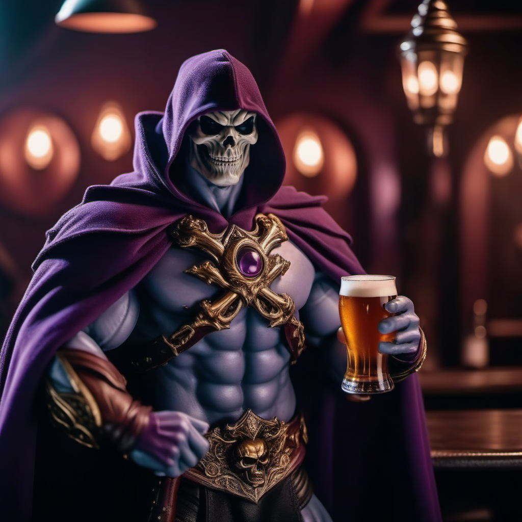 cinematic photo a muscular man, purple cape, cloak, holds a club, having a beer in a pub <lora:Skeletor1024-000190:0.8> . 35mm photograph, film, bokeh, professional, 4k, highly detailed