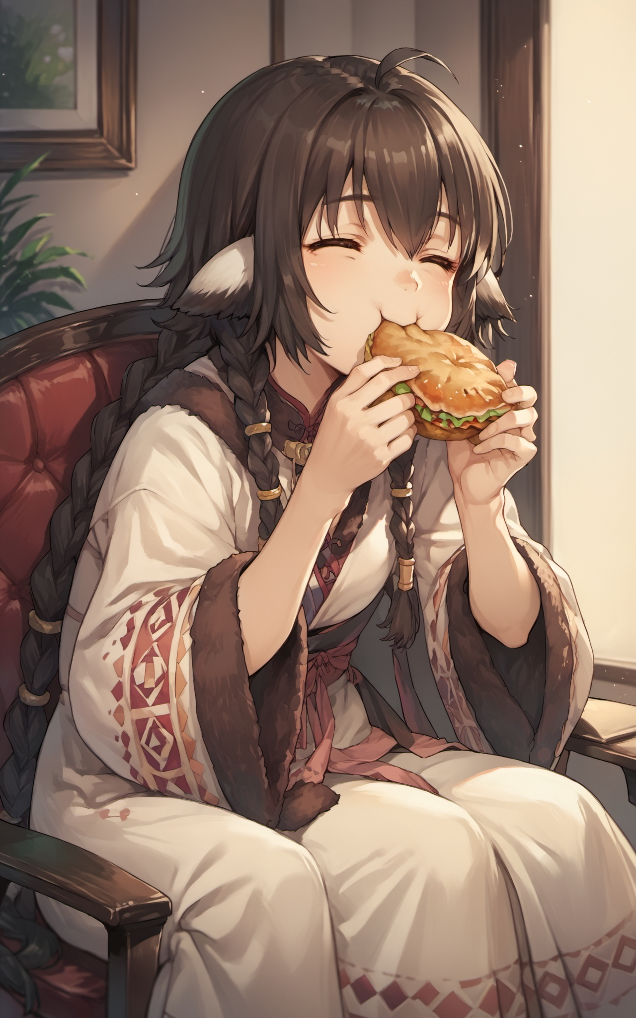 score_9,score_8_up,score_7_up,score_6_up,score_5_up,score_4_up,source_anime,1girl,<lora:anjuutawarerumono_pony:0.8>,anju \(utawarerumono\),anju_formal,sitting,eating, happy,