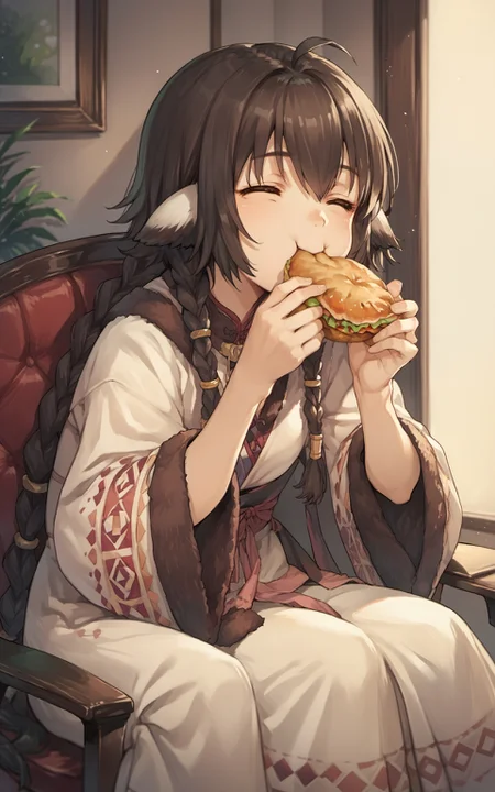 score_9,score_8_up,score_7_up,score_6_up,score_5_up,score_4_up,source_anime,1girl,<lora:anjuutawarerumono_pony:0.8>,anju \(utawarerumono\),anju_formal,sitting,eating, happy,