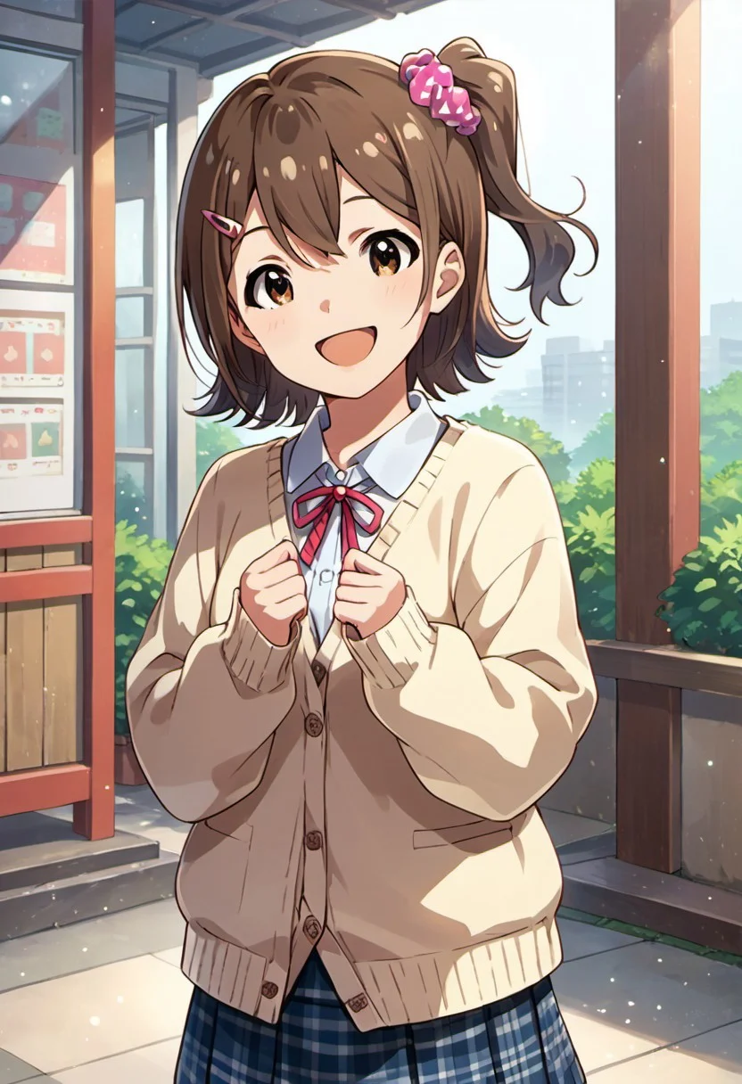 score_9, score_8_up, score_7_up, source_anime,kasuga mirai, brown hair, brown eyes, short hair, 1girl, smile, open mouth, one side up, hair ornament, hairclip, :d, skirt, solo, scrunchie, cardigan, looking at viewer