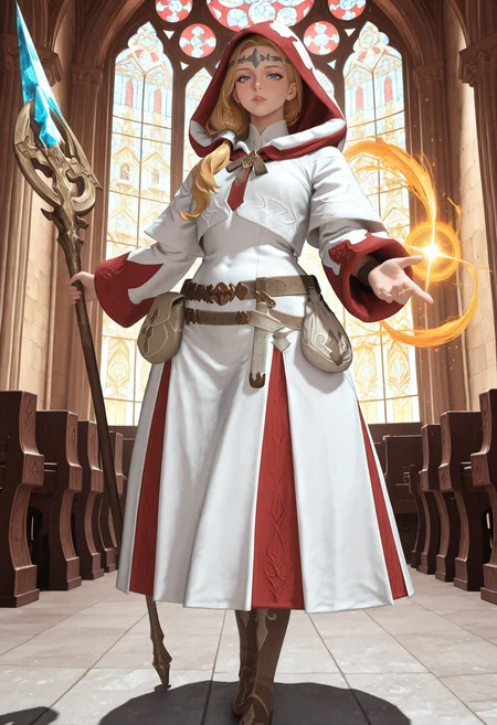 , best quality, absurdres, highres, newest, <lora:cfg_scale_boost:.7>, 1girl, solo , church, stained glass,  <lora:WhiteMage_IL:1> whmaf, white robe, brown belt, belt pouch, brown boots, silver circlet, hood, hood up, holding staff, dynamic pose, casting spell, looking at viewer, motherly, mature female, blonde hair, blue eyes, side ponytail, hair over shoulder,