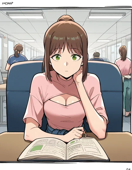 score_9, score_8_up, score_7_up, source_anime, <lora:sexercise-soohyun-yoo-manhwa-ponyxl-lora-nochekaiser:1>, soohyun yoo, long hair, bangs, brown hair, green eyes, ponytail,, shirt, cleavage, pants, clothing cutout, cleavage cutout, pink shirt, clothes around waist, airport, waiting area, suitcase, flight delayed, passengers, reading book, , sitting, elbow rest, table,, looking at viewer, solo,, dutch angle, cowboy shot