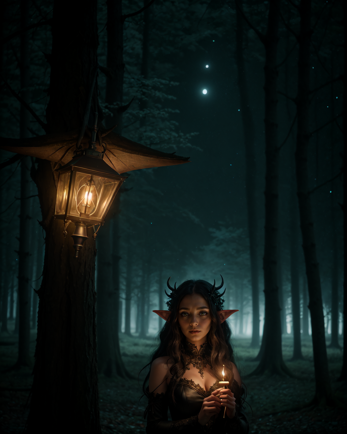 Photorealistic, a dark-themed character with long black hair, large neon glowing horns, and elf-like ears, wearing a gothic outfit with intricate details. The character is walking through an enchanted forest at night, with glowing plants and mysterious creatures around her. She is holding a lantern that emits a soft, ethereal light, and her expression is calm and serene. The background is filled with detailed trees, glowing flora, and a starry night sky. The lighting is soft and magical, creating a mystical atmosphere. The camera shot is a medium-long shot, capturing the character and the detailed forest.
 <lora:add_detail:0.4> <lora:backlight_slider_v10:-1> <lora:epiC35mm:1> epiC35mm <lora:epiCRealismHelper:1>