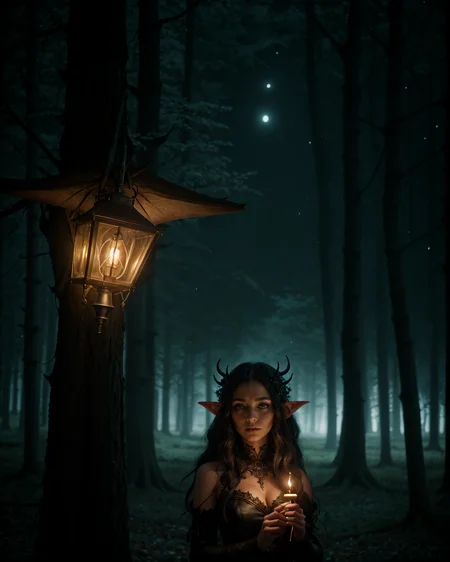 Photorealistic, a dark-themed character with long black hair, large neon glowing horns, and elf-like ears, wearing a gothic outfit with intricate details. The character is walking through an enchanted forest at night, with glowing plants and mysterious creatures around her. She is holding a lantern that emits a soft, ethereal light, and her expression is calm and serene. The background is filled with detailed trees, glowing flora, and a starry night sky. The lighting is soft and magical, creating a mystical atmosphere. The camera shot is a medium-long shot, capturing the character and the detailed forest.
<lora:add_detail:0.4> <lora:backlight_slider_v10:-1> <lora:epiC35mm:1> epiC35mm <lora:epiCRealismHelper:1>