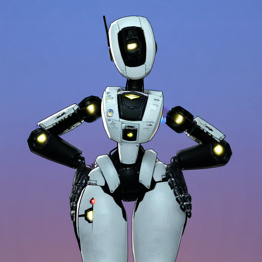 Glados_(Ruffleswinner22), robot, female, one yellow eye, robot heels, big thighs, large chest, Hands on hips, sexy eye, looking at viewer, solo,