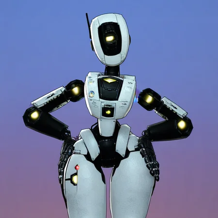 Glados_(Ruffleswinner22), robot, female, one yellow eye, robot heels, big thighs, large chest, Hands on hips, sexy eye, looking at viewer, solo,