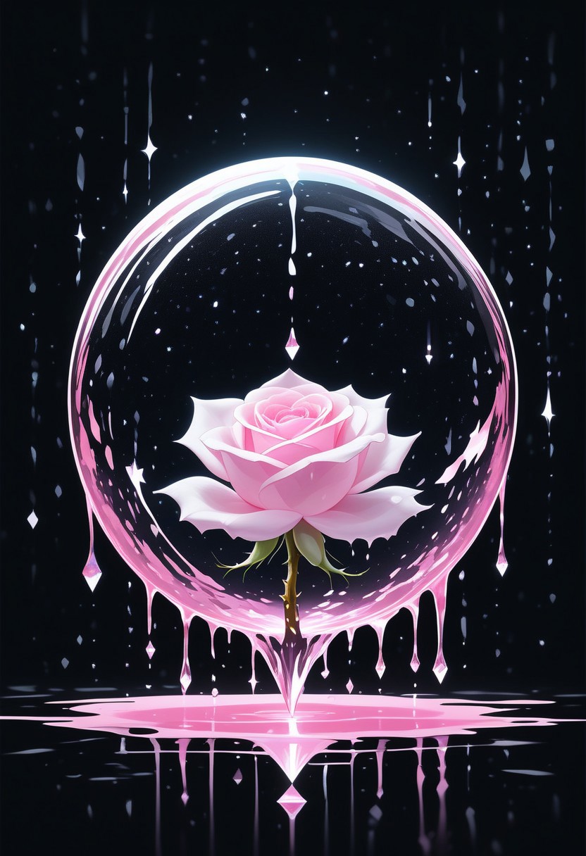 (masterpiece), best quality, Anime, Illustration, (Floating Sphere, Crystal, Magic, Reflection, Melting, Dripping, Pink Rose), Black Background, No Humans, Starry Theme, (Light Refraction), White and Pink Theme, Natural Lighting, Verynsty