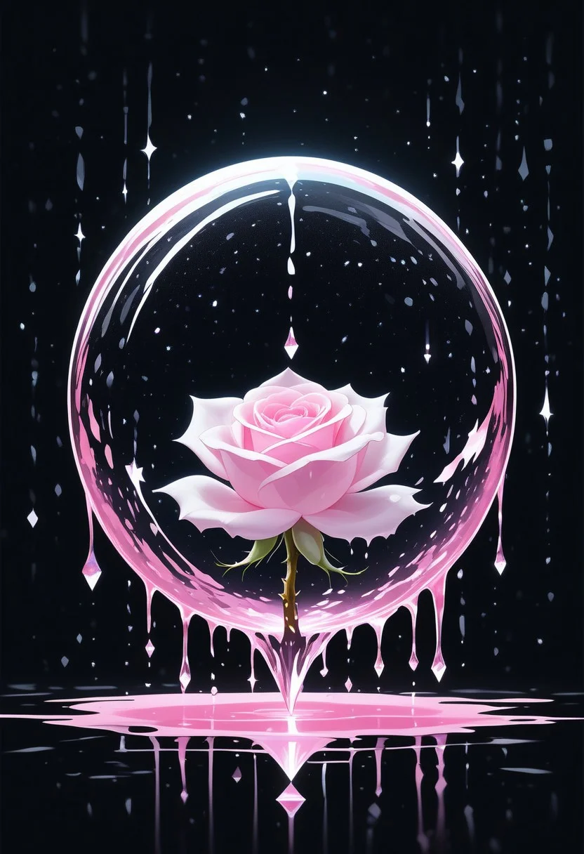(masterpiece), best quality, Anime, Illustration, (Floating Sphere, Crystal, Magic, Reflection, Melting, Dripping, Pink Rose), Black Background, No Humans, Starry Theme, (Light Refraction), White and Pink Theme, Natural Lighting, Verynsty