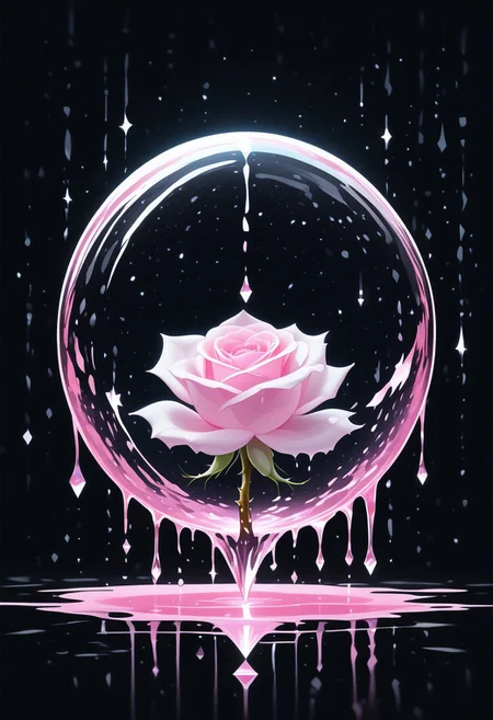 (masterpiece), best quality, Anime, Illustration, (Floating Sphere, Crystal, Magic, Reflection, Melting, Dripping, Pink Rose), Black Background, No Humans, Starry Theme, (Light Refraction), White and Pink Theme, Natural Lighting, Verynsty