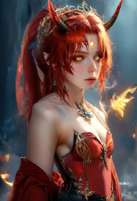 best quality, reality-shot, realism, realistic photography of a fantastical demon girl with whimsical elements, magical fairytale landscape, elaborate fantasy style art, heliotrope theme, intricate details, ultra sharp, exquisite detail, flawless composition, vivid colors, masterpiece, exciting background <lora:ProtectorsOfTheNatureXL:1> hknature, red hair, streaked hair, golden eyes, long hair ponytail,  red and black horns, spiky horns,  negative_hand,
