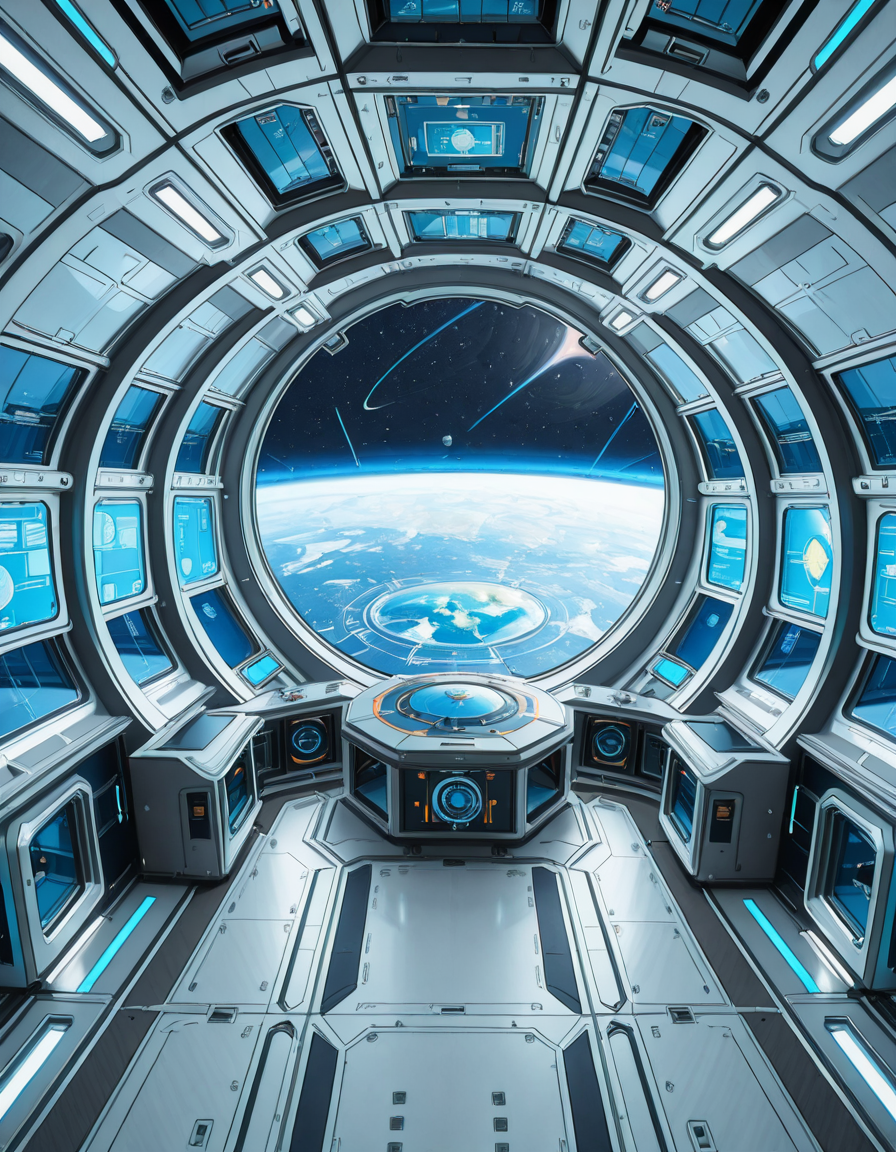 The interior of a massive orbital space station, high above a blue and green Earth-like planet. The setting is a panoramic observation deck with towering reinforced windows that curve around the structure, offering a breathtaking view of the planet below and the star-filled void beyond. The stationâs architecture is sleek and functional, blending advanced human technology with subtle design flourishes â brushed metal walls, glowing interface panels, and clean geometric lines.
Soft white lighting lines the floor and ceiling panels, while ambient blue lights provide a calming atmosphere. Transparent digital displays float in the air, projecting live telemetry, spacecraft traffic, and real-time planetary data in holographic form. In the center of the room, a circular command table displays a rotating 3D projection of the planet and orbital routes.
In the background, the low hum of life support systems and distant radio chatter add to the immersive realism. Cables and utility panels are subtly integrated into the environment, and security doors lead to other compartments of the station. The entire space feels controlled, precise, and filled with purpose â a hub of advanced civilization silently orbiting in the cold beauty of space.<lora:SDXLFaeTastic2400:0.4> <lora:extremely_detailed:0.4> extremely detailed,space station c0ntr0l c3nt3r, <lora:space_station_c0ntr0l_c3nt3r-i:1>, Masterpiece,best quality,hi res,8k,hi res,8k,award winning,(sharp focus, intricate, highly detailed),