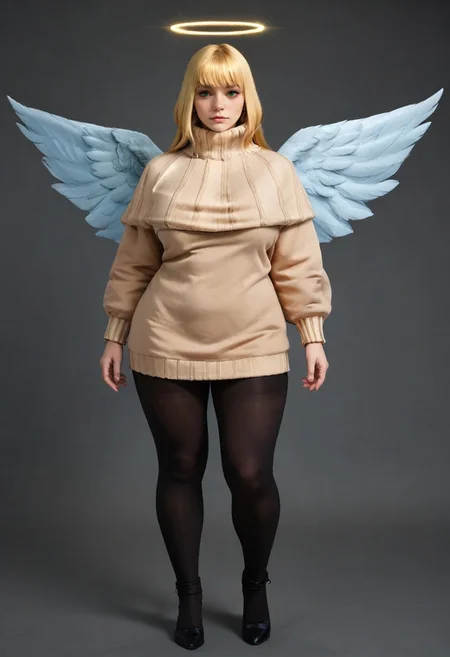 safe_pos, score_9, score_8_up, score_7_up, score_6_up, photo, photorealistic, realistic, raw, intricate detail, highly detailed, perfect composition, soft lighting, zPDXL3,
BREAK,
1girl, solo, mature, hanakurusu, long blonde hair, straight hair, soft bangs, delicate features, beautiful green eyes, glowing halo above head, radiant angel wings, confident expression, muscular yet feminine figure, toned abs, curvy body, smooth skin, flushed cheeks, wide hips, thick thighs, huge breasts, venus body,
BREAK,
tight beige sweater, form-fitting, emphasizing her curves, black tights, tight fabric clinging to her strong thighs and muscular legs, subtle sheen on tights,
BREAK,
wings spread, full body view, focus on her strong yet graceful figure, relaxed expression, gentle but confident demeanor,
BREAK,
background of a serene cloudy sky, golden sunlight filtering through the clouds, soft glow around her figure, peaceful and ethereal atmosphere, gentle breeze slightly moving her hair and wings, subtle heavenly light, soft shadows for depth and realism, blue sky,