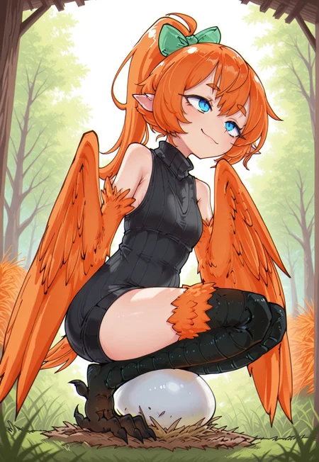 masterpiece, best quality, 1girl, solo, Funset, 1girl, harpy_girl_Sol, monster_girl, harpy, winged_arms, wings, orange_wings, orange_feathers, bird_legs, black talons, tail, bird_tail, blue_eyes, pointy_ears, orange_hair, long_hair, ponytail, ribbon, hair_ribbon, green_ribbon, sweater, sweater_dress, ribbed_sweater, black_sweater, sleeveless, sleeveless_sweater, turtleneck, sleeveless_turtleneck, turtleneck_sweater, outdoors, bird nest, squatting, smile, sitting on egg