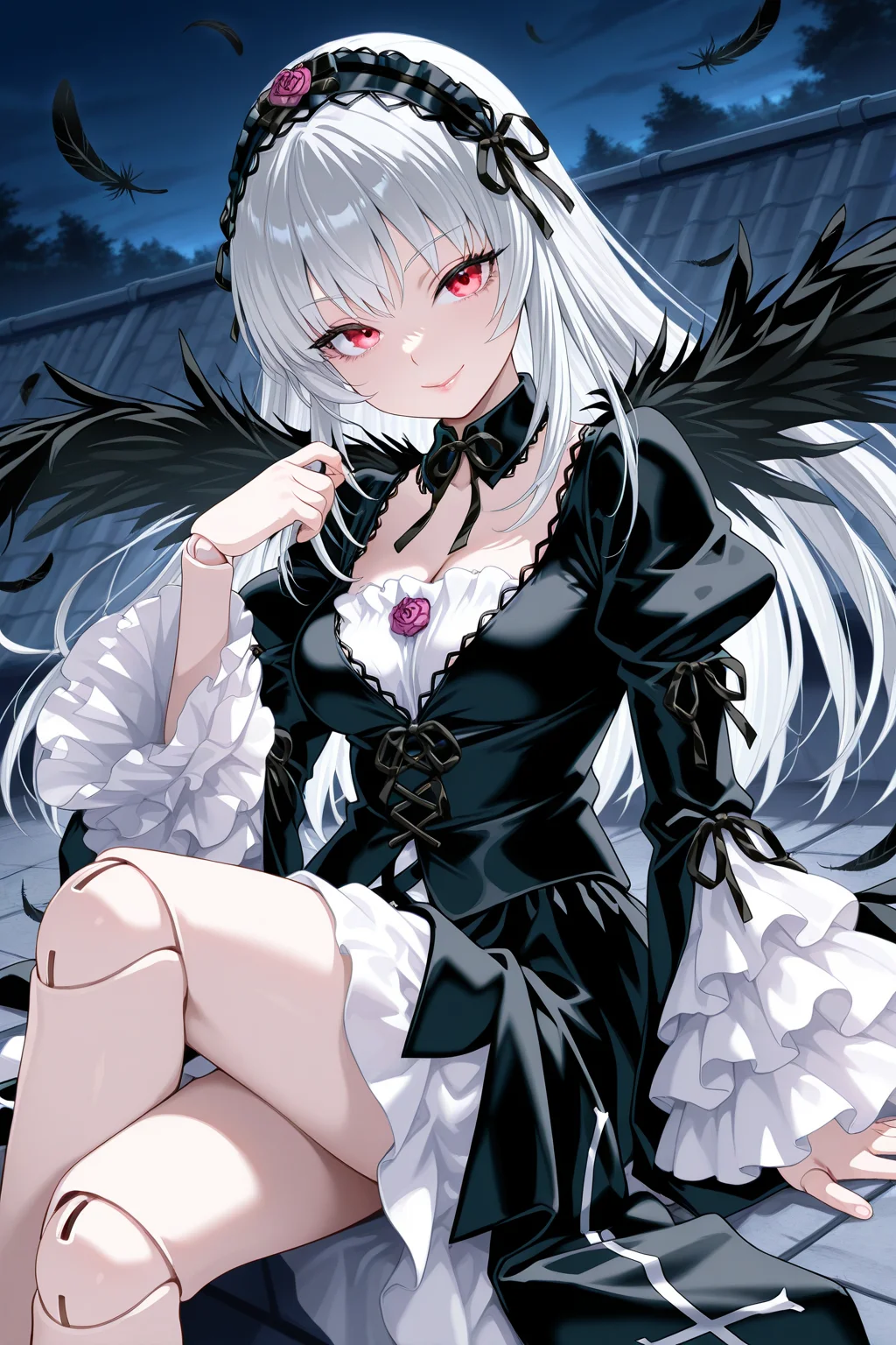 1girl, SuigintouRozenMaiden,
general, solo, dutch angle,
long hair, white hair, red eyes,
lips, eyelashes, doll joints, pale skin,
black hairband, detached collar, black ribbon, black dress,
breasts, cleavage,
frilled sleeves,
black wings, cross print,
sitting, swinging legs, looking at viewer, smile,
black theme, night, outdoors, on roof, feathers,
<lora:kp_SuigintouRozenMaidenIllustrious_v1_0:1.0>,
masterpiece, best quality, amazing quality