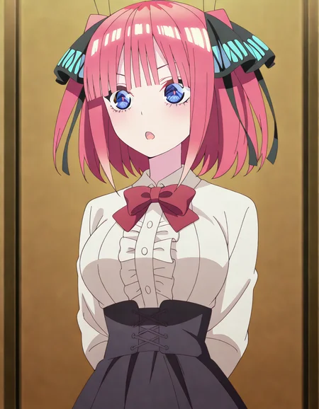 masterpiece, best quality, amazing quality,, <lora:nino-nakano-s2-illustriousxl-lora-nochekaiser:1>, nino nakano, short hair, bangs, blue eyes, hair ornament, hair ribbon, pink hair, blunt bangs, two side up, butterfly hair ornament, mature female, breasts, anime screencap, <lora:virgin-killer-outfit-illustriousxl-lora-nochekaiser:1>, virgin killer outfit, meme attire, high-waist skirt, center frills, frilled shirt, underbust, aran sweater, frilled shirt collar, red bowtie, frills, skirt,, <lora:kung-fu-illustriousxl-lora-nochekaiser:1>, kung fu, martial arts, training, fighting stance, cowboy shot, hands behind back, symbol_shaped_pupils, open mouth, , ,