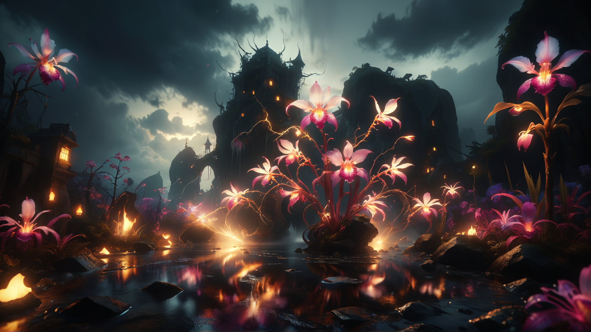 "Laelia, the Blade Reforged", it is Horrifying, Stormy weather, landscape art, stylized by Thomas Moran, Fantasy, Fairy Kei, cinematic lighting, geometric patterns, Gold mist, <lora:ral-exposure:1> made with ral-exposure, cute, magical, elegant, fertile, ambient illumination