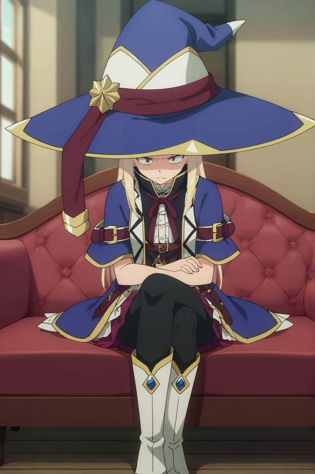 score_9, score_8_up, score_7_up,anime_source, source_anime, best background, detailed background, anime screencap,  Tiana, belt, tsundere, embarrassed, hat, witch hat, black pantyhose, skirt, white boots, sitting, cross legs, sofa, cross arms, indoors,  <lora:JN_Tiana:0.8>