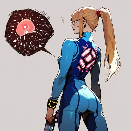 Samus aran, sensing fertilization, fully clothed, score_9, score_8_up, score_7_up, score_6_up, source_anime, rating_safe,
