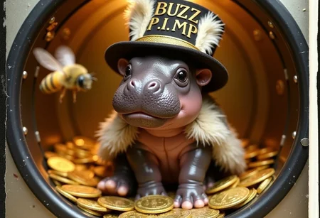 A cute Polaroid photograph capturing a baby hippo, Realistic photo of super cute Baby mini hippo sitting on golden coins in a bank safe, super realistic hippo, hyper cute mini hippo baby trending on tik Tok, wearing a fur coat, dressed as a pimp, baby hippo snoop doggy dog, ultra cute image with text written above in fancy romantic hand written golden letters art deco style emblem " Buzz P.I.M.P." , hip hop video short lense image, super elegant and high class photography, golden coins are Kruger Rand with image of a flying bee, coins flying close to viewer. Round gate of safe in behind, golden backlight shroud open door, hippo wears zebra fur cape and fancy hat with feathers like an 1970s pimp. Cute hippo with big glossy black eyes and round cute nose with cute bristles. Fisheye lense, glow, action shot, , cute big head, title emblem with lots of decoration and text: "buzz bump" Dutch angle, nameplate, Dutch angle, tilted image, tik Tok. Big mouth wide nose,round face, big head, wet skin, baby hippo moo deng.