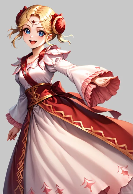 score_9, score_8_up, score_7_up, source_anime BREAK 1girl, solo, srw_shine, cowboy shot, dancing pose, waltz, two-tone dress, belt, long skirt, light pink dress, red skirt, puffy sleeves, wide sleeves, frilled sleeves, blonde hair, circlet, double bun, red color bun cover, hair bow, short hair, blue eyes, looking at you, smile, open mouth, simple background <lora:srw_shine:1>