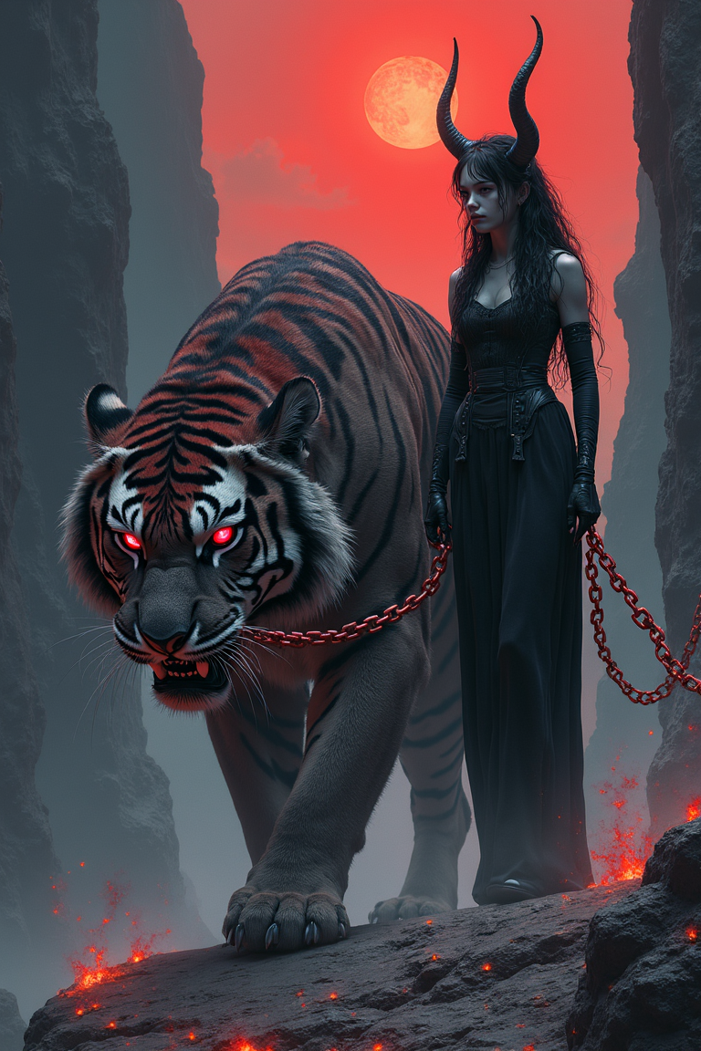 Full-length portrait of a sinister demon girl with obsidian horns, glowing crimson eyes, and clawed hands, striding confidently with a colossal sabre-tooth tiger bound by a molten chain leash. Style: Fusion of Zdzisław Beksiński’s surreal dystopian atmosphere (organic, biomechanical textures), Frank Frazetta’s primal dynamism (muscular anatomy, dramatic lighting), and Ayami Kojima’s gothic elegance (flowing robes, intricate patterns). Medium: Ethereal digital painting with ink-like precision and smoky, smoldering textures. Color palette: Deep blood-red, charcoal black, and ash-gray tones, with neon violet accents on the tiger’s spectral stripes and the demon’s smoldering chain. Composition: Diagonal layout emphasizing movement; the tiger’s snarling muzzle contrasts with the girl’s calm, predatory smirk. Background: Jagged obsidian cliffs under a bruised twilight sky, lit by a dying star. Rules: Hyper-detailed textures on the tiger’s fur and the demon’s scales, zero warm colors except crimson glows, chiaroscuro lighting to enhance menace, and a blurred motion effect on the chain to imply supernatural control. Forbid cuteness or cartoonish styles; prioritize haunting, mythic grandeur.