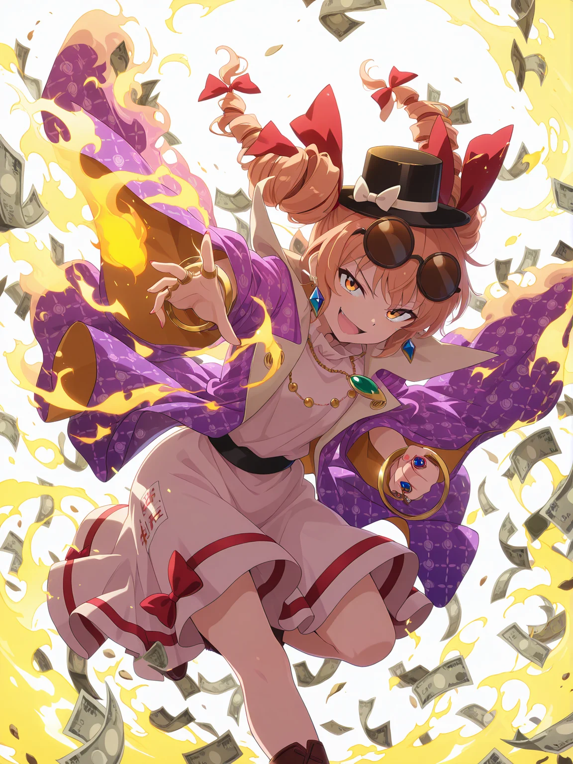 absurdres, highres, masterpiece, best quality, amazing quality, official anime artwork, screencap, anime screencap, dynamic pose,
<lora:Joon-Yorigami-Illustrious:1> yorigami jo'on, 1girl, solo, orange eyes, orange hair, drill hair, twin drills,, black hat, eyewear on head, hair bow, red bow, jewelry, white dress, purple jacket, necklace,
fire, light particle, flame, open mouth, evil smile, money, burning money,