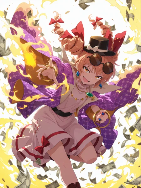 absurdres, highres, masterpiece, best quality, amazing quality, official anime artwork, screencap, anime screencap, dynamic pose, 
 <lora:Joon-Yorigami-Illustrious:1> yorigami jo'on, 1girl, solo, orange eyes, orange hair, drill hair, twin drills,, black hat, eyewear on head, hair bow, red bow, jewelry, white dress, purple jacket, necklace, 
fire, light particle, flame, open mouth, evil smile, money, burning money,