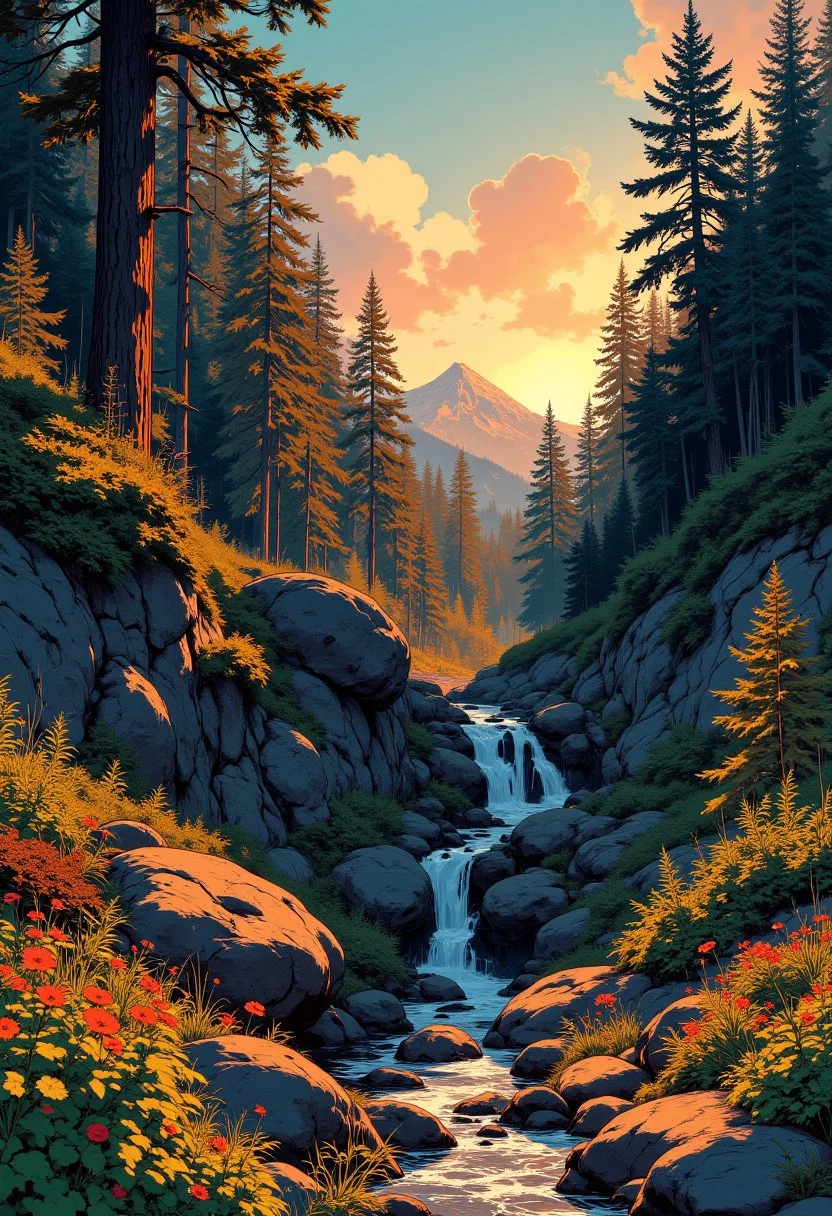 image of a rugged forest clearing with eroded rocks, wildflowers and shrubs, surrounded by tall fir trees, sunset, j_art