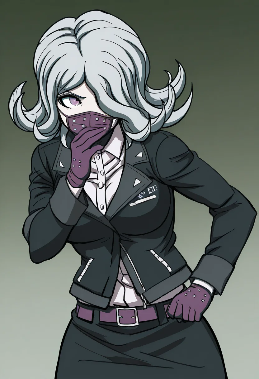 (((solo))), masterpiece, best quality, modern, modern anime, danganronpa_(series),<lora:Seiko_Kimura_Illustrious:1>, In the art style of Rui Komatsuzaki, artist: Rui Komatsuzaki, This is a photograph from Danganronpa 3 The Stage. . Seiko Kimura is wearing her future arc uniform. Seiko Kimura is a short woman with purple eyes and a sickly complexion. She has pale grey hair and a respirator mask covering her mouth. She wears a dark-colored jacket that's half open and connected in the middle. She has a small Future Foundation ID pinned to the lapel of her jacket. Under the jacket is a white dress shirt a dark pencil skirt held by a purple belt long black stockings and purple Mary Janes. She wears purple gloves with a single white stripe in the middle. In a dimly lit pharmacy on Christmas night, Seiko is hard at work developing a new medicine. The pharmacy is filled with eerie silence, broken only by the soft sounds of her movements and the gentle ticking of a clock. As she mixes the ingredients, she feels a sense of unease, as if something supernatural is watching her every move.