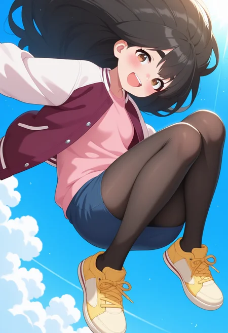 masterpiece, best quality, amazing quality, absurdres, 1girl, solo, sakurakoww, brown eyes, black hair, long hair, big hair, thick eyebrows, letterman jacket, open jacket, pink shirt, long sleeves, blue pencil skirt, black pantyhose, yellow sneakers, <lora:Umeyashiki_Sakurako_Me_and_the_Alien_MuMu_ill:0.8>, from above, dynamic pose, jumping, midair, knees up, blush, :d, smile, looking at viewer, outdoors, day, sunlight, blue sky, cloud, flower, skindentation, detailed clothing folds, depth of field, sharp, high contrast, dynamic light