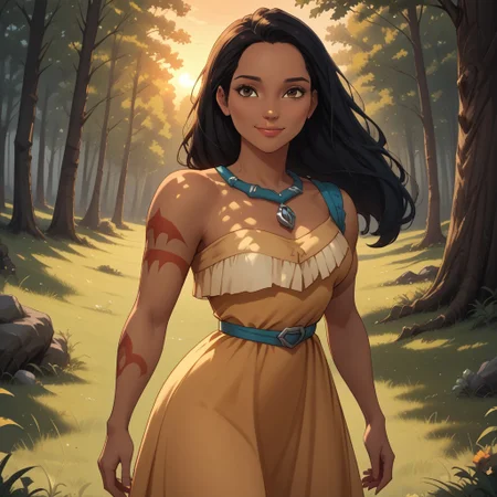 score_9, score_8, BREAK, solo, black hair, brown eyes, necklace, off shoulder dress, yellow dress, left arm tattoo, red tattoo, breasts, barefoot, dark skin, dark skin female, Pocahontas, cute, sexy pose, self portrait, smile, outdoors, sunlight, shadows, evening lighting, natural lighting, forest, trees, grass, orange sky, sunset