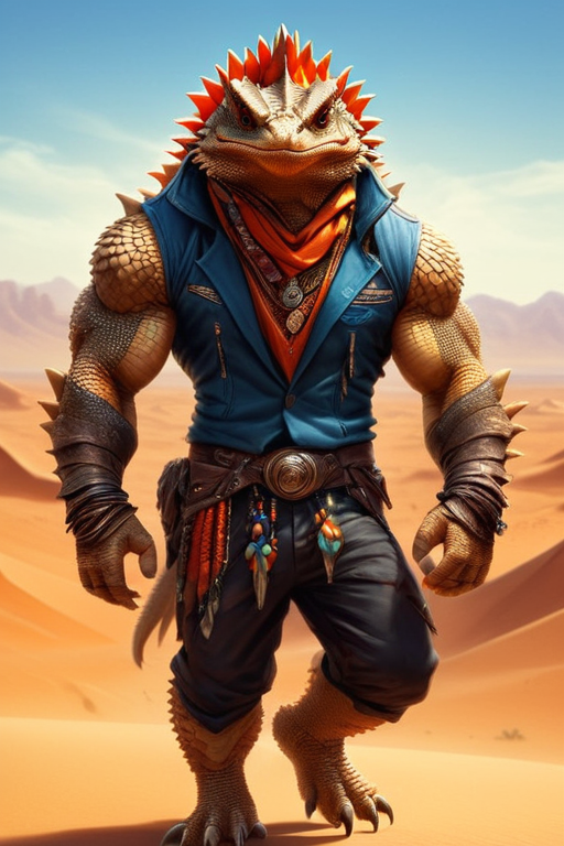ultra-fine digital painting of a muscular  <lora:anthro_muscular:0.7> anthro Bearded dragon (Wearing sunglasses, radiating cool confidence) at Desert planet with nomadic tribes,  super detail, ultra-realism, <lora:xl_more_art-full_v1:0.3>,  <lora:madpunk:0.6>  madpunk
