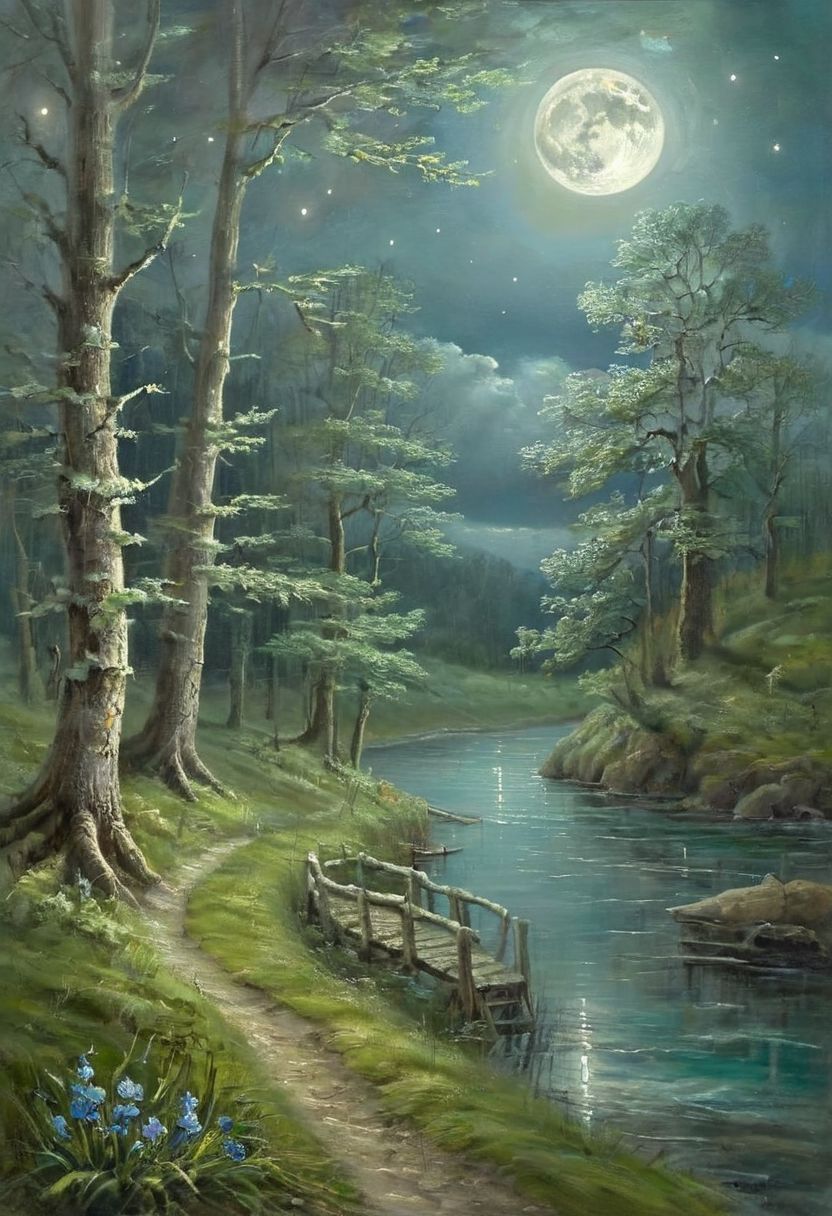 The night is bright and the moon is shining quietly over the river where the blue wave shines with silver Dark forest where in the silence of the emerald branches the nightingale does not sing her sonorous songs Blue flowers bloom under the moon They awaken dreams in my heart I fly to you in my dreams I repeat your name This night dear friend I’m still sad about you Dear friend tender friend I love you as before and this night under the moon I remember you this night under the moon on a foreign side dear friend gentle friend please remember me, oil painting, classic painting, fine art, romantic art, depth peeling, 8k, hdr, intricate abstract, intricate details, masterpiece, ethereal light