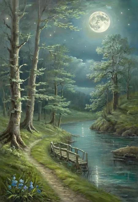 The night is bright and the moon is shining quietly over the river where the blue wave shines with silver Dark forest where in the silence of the emerald branches the nightingale does not sing her sonorous songs Blue flowers bloom under the moon They awaken dreams in my heart I fly to you in my dreams I repeat your name This night dear friend I’m still sad about you Dear friend tender friend I love you as before and this night under the moon I remember you this night under the moon on a foreign side dear friend gentle friend please remember me, oil painting, classic painting, fine art, romantic art, depth peeling, 8k, hdr, intricate abstract, intricate details, masterpiece, ethereal light