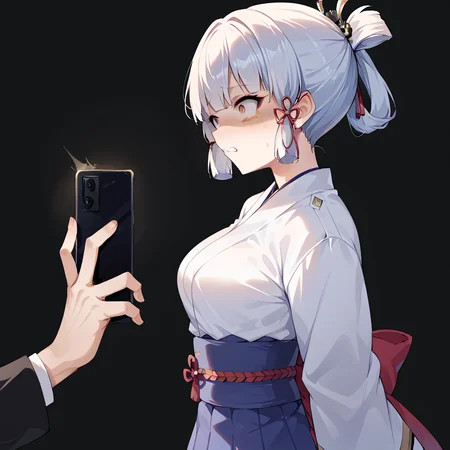 score_9, score_8_up, score_7_up, best quality, masterpiece, source_anime, zPDXL3, BREAK,   1girl, holding phone, , show off phone from side,      <lora:show_off_screen_of_phone:1>, , <lora:scaredv4:1> scared expressions, shaded face,   
, kamisato_ayato,