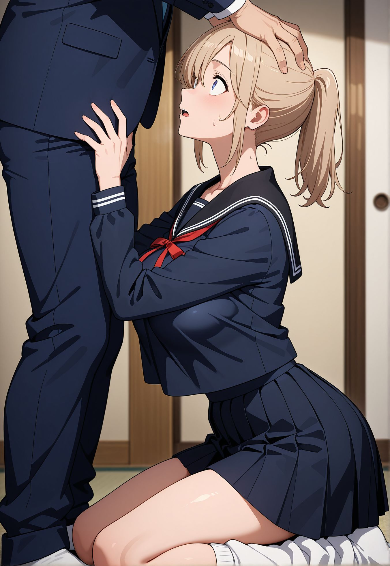 masterpiece,best quality,amazing quality,very aesthetic,absurdres,newest, huge filesize,
<lora:spo_sdxl_10ep_4k-data_lora_webui:0.5>,anime coloring, 
1girl, 1boy, hetero, head grab,from side, close up,
old japan house, tatami,   on kneeling, looking at another, looking up, standing male, 
nervous sweating, 
<lora:AKI_Lonely_Castle_in_the_Mirrorr:0.7>
BREAK
AKI,
light brown hair female, large breasts, sexy body,
short hair,tied hair, surprised, wide eyes,
black sailor uniform,navy blue outfit,
red ribbon,
white socks, ponytail, 
loose socks, miniskirt, pleated skirt, sexy leg,
sitting pose female,
BREAK
1boy, father,ugly man,suit,