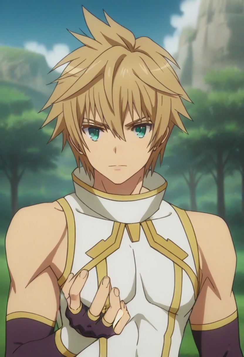 ((masterpiece)), ((best quality)), ((ultra-detailed)), score_9_up, score_8_up, score_7_up, HD, top quality, best quality, High-quality illustrations, anime screencap, perfect anatomy, 1male, 1boy, solo male, male focus, anime, anime boy, male anime character, handsome, attractive, cute, sexy, Tekken Arthur, blonde hair, blue-green eyes, sleeveless outfit with gold lines, fingerless long arm gloves, fit body, lean body, valley, valley background, forest background, easynegative, ng_deepnegative_v1_75t
