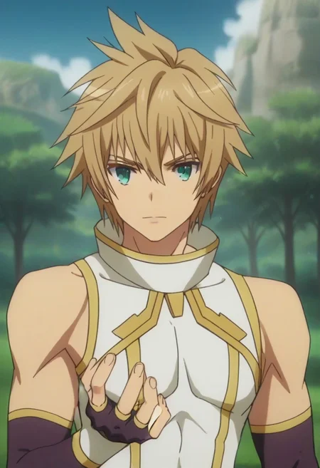 ((masterpiece)), ((best quality)), ((ultra-detailed)), score_9_up, score_8_up, score_7_up, HD, top quality, best quality, High-quality illustrations, anime screencap, perfect anatomy, 1male, 1boy, solo male, male focus, anime, anime boy, male anime character, handsome, attractive, cute, sexy, Tekken Arthur, blonde hair, blue-green eyes, sleeveless outfit with gold lines, fingerless long arm gloves, fit body, lean body, valley, valley background, forest background, easynegative, ng_deepnegative_v1_75t