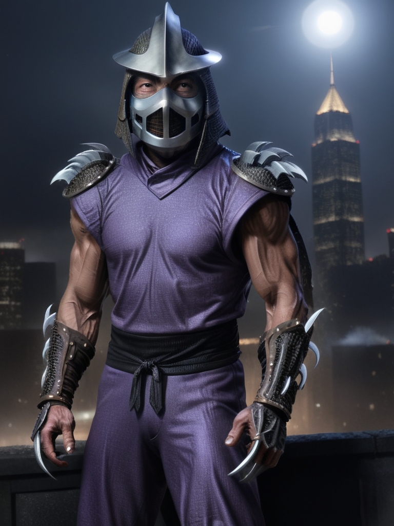 TMNTShredder 1man armored samurai knight with claw gauntlets, wearing a purple outfit with pauldrons and metal samurai helmet with mask and armored boots, standing on a city rooftop at night, skyscrapers and rooftops and city lights and night sky in the background, photorealistic, cinematic, full body shot, muscular, fitness physique, <lora:90s_TMNT_Shredder_SDXL:1>