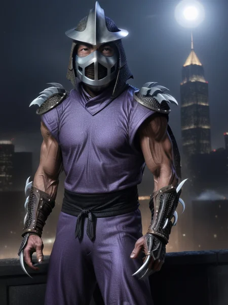 TMNTShredder 1man armored samurai knight with claw gauntlets, wearing a purple outfit with pauldrons and metal samurai helmet with mask and armored boots, standing on a city rooftop at night, skyscrapers and rooftops and city lights and night sky in the background, photorealistic, cinematic, full body shot, muscular, fitness physique, <lora:90s_TMNT_Shredder_SDXL:1>