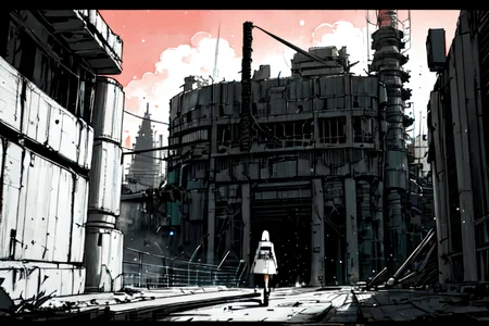highly insanely detailed, masterpiece, top quality, best quality, highres, 4k, 8k, RAW photo, (very aesthetic, beautiful and aesthetic),
tsutomu nihei,nihei_tsutomu,blame!,blame gakuen!,abara,TNstyle,sidonia_no_kishi,(deep horizon,tunnel,tower,sidonia \(ship\),giant room,megastructure in background,city ruins,space,spacecraft),air conditioner,light particles,lantern,machinery,clouds,dark sky,black sky,ventilation fan,ventilation shaft,toha heavy industries,gauna,gauna mech,letterboxed,walkway,drainpipe,bones,fence,dome,buildings,science fiction,dystopia,destroyed,
<lora:ABARA:0.5>,
(1girl:1.3),
solo focus,
Neolithic_architecture,ancient_temple_complex,creek,massive_dam_structure,royal_tombs,National_Park,neon red background,neon pink background,(colored geometric background),âââ