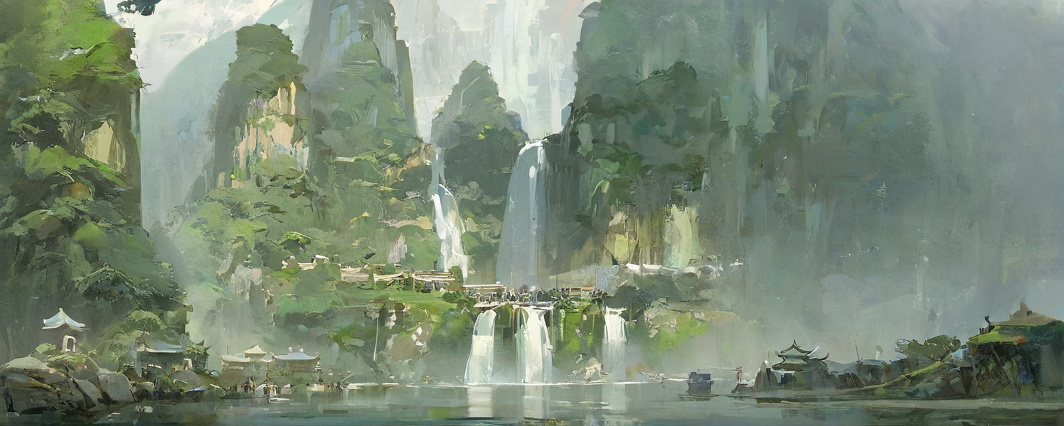chinese buliding,temple,guofeng,(pond:0.8),sunkilow,concept art,waterfall come from the mountain top,panorama,long shot,(reflection light:0.8),masterpiece,best quality,high quality,high details,UHD,gloomy,(low saturation:0.4),artstation,oil painting,bichu,<lora:Vcu;SDXL:0.4>,<lora:bichu230728-000006_0.5+bichu230729-000008_0.5:0.5>,<lora:gloomyXL:0.6>,